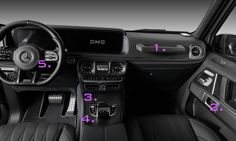 DMC Interior Carbon Fiber Accessories: Door Panels, Dashboard Trim, Center Console, Safety Handle, available in LHD & RHD for Mercedes Benz AMG G500 G63 W464 W463a - Image 3