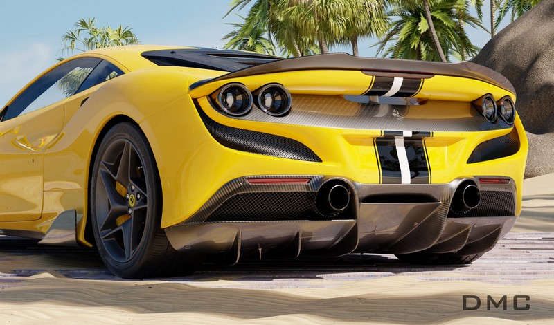DMC Ferrari F8 Tributo Forged Carbon Rear Diffuser fits the OEM Rear Bumper of the Coupe and Spider