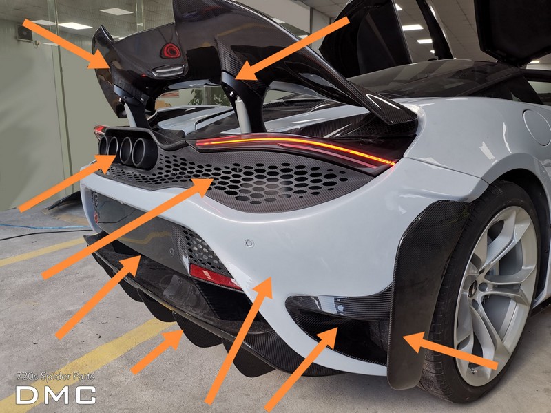 DMC McLaren 765LT OEM Rear Bumper Facelift with Wing, Grills, Diffuser made from Forged Carbon Fiber for the OEM 720s Coupe & Spider - Image 3